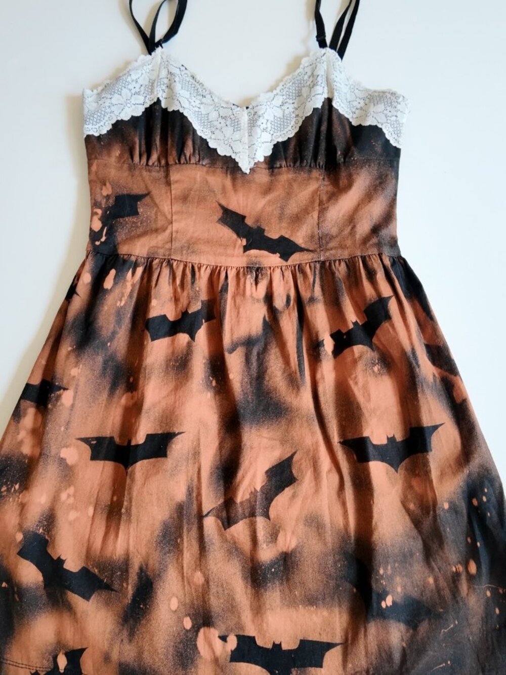Y2K Halloween dress with lace trim acid wash bat pattern size S vintage 2000s